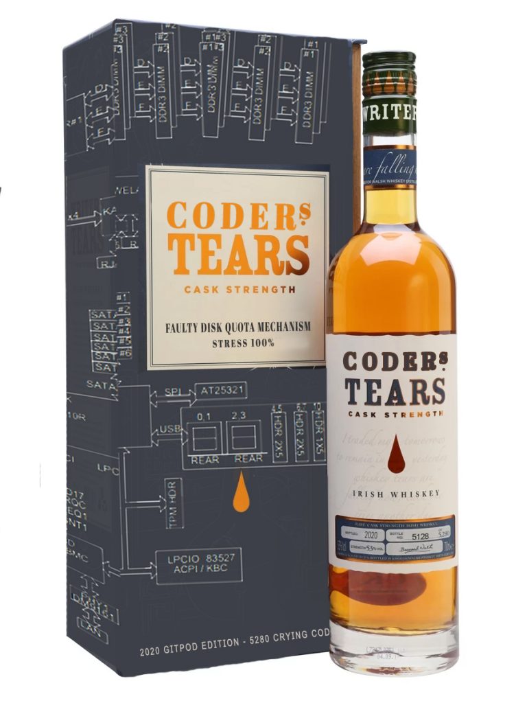 bottle and bog of writers tears whiskey edited to say coders tears