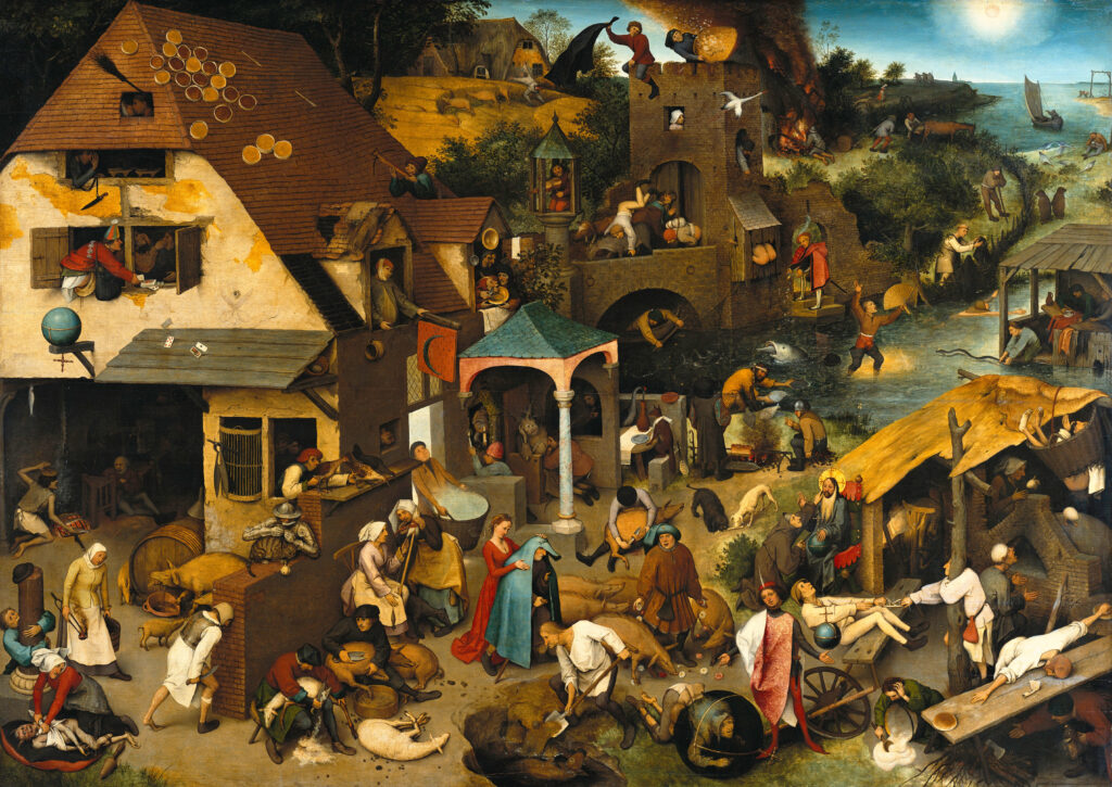 Painting by Pieter Brueghel the Elder, a detailed cluttered masterpiece containing people and animals in poses representing 126 Dutch proverbs