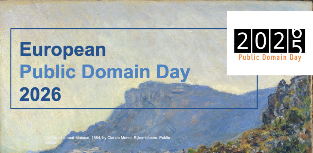 graphic containing text saying European Public Domain Day 2026, over a painting by Claude Monet.